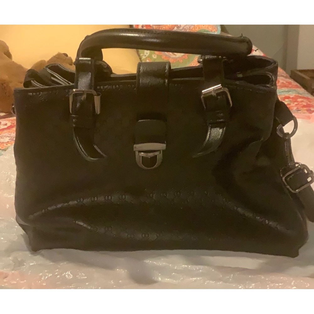 Black Embossed Handbag Satchel Purse Top Handle Crossbody Bag - Picture 3 of 3